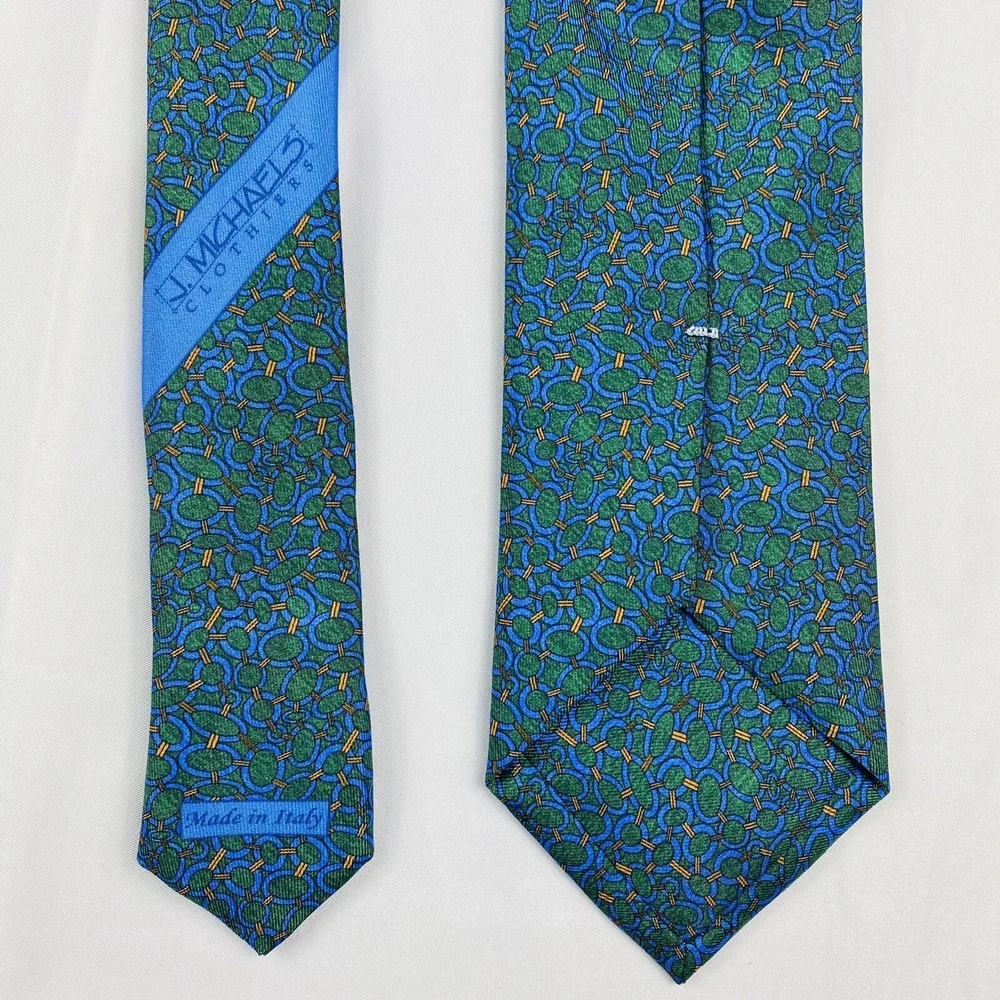 J Michaels Green Blue Geometric Patterned Pure Silk Mens Tie 3.25 in NWOT